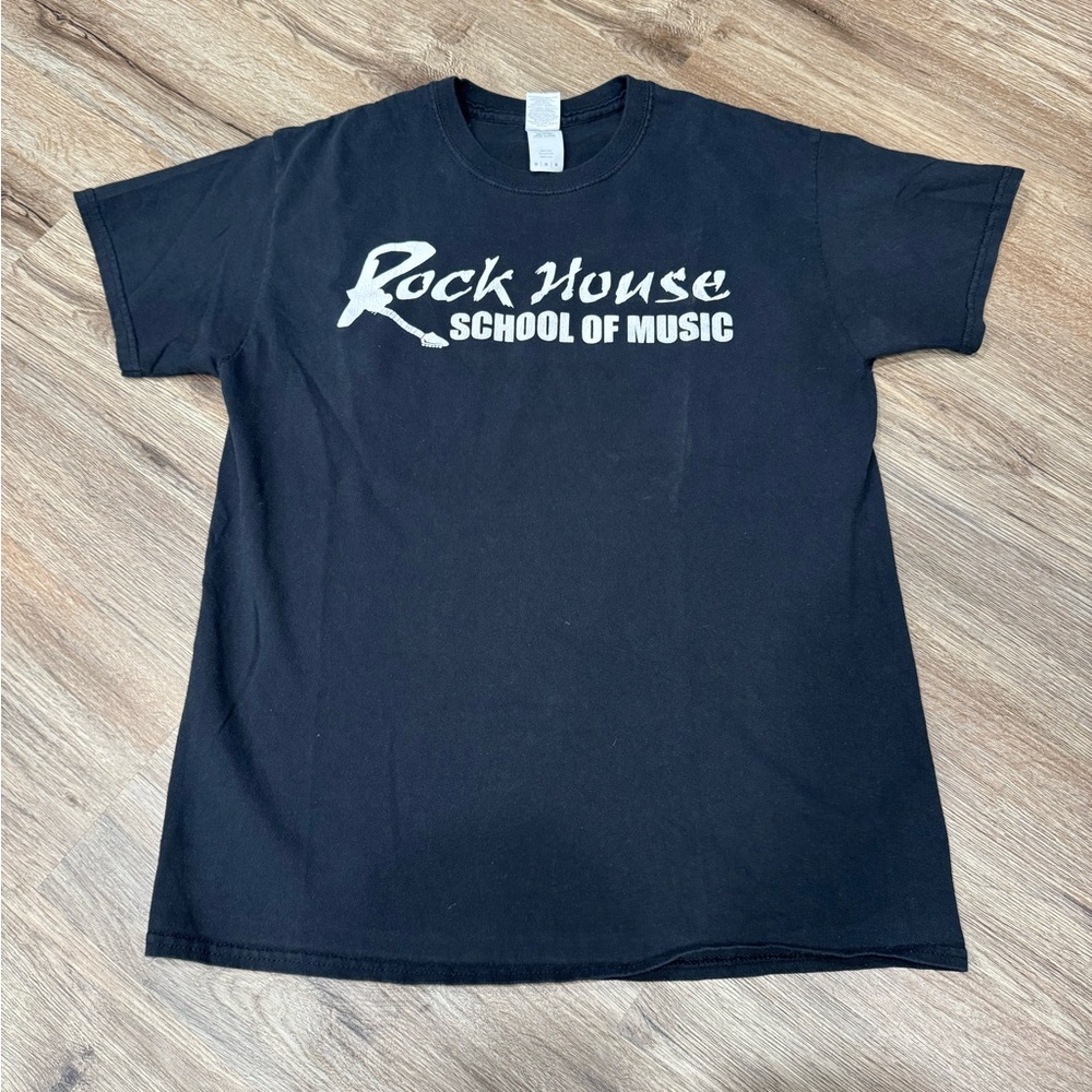 Vintage Black Tee with White "Rock House School of Music" Logo
